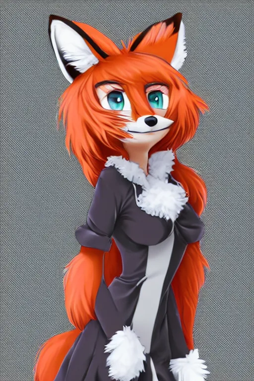 Prompt: a fox fursona with a big fluffy tail!!! wearing a maid outfit, highly detailed, digital art, trending on artstation, furry art!!!