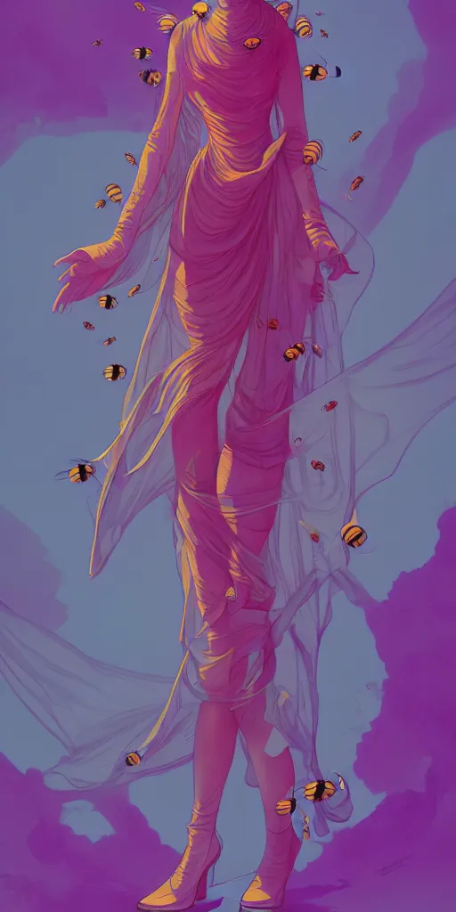 Image similar to 🐝👗👾, phantom, dreary, dramatic, fluid, golden ratio, artstation, moebius + loish, hd,