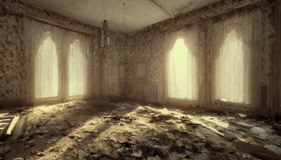 Image similar to abandoned 7 0's manor, dusty furnitures, sunlight through broken dusty windows, curtains floating in the wind, dust particles, old yellowed wallpaper, hyperdetailed, artstation, cgsociety, 8 k