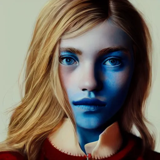 Image similar to High-Quality photorealistic portrait of a young thin girl, blue eyes, blonde hair, wearing a black turtle neck, face center close-up, realistic colors