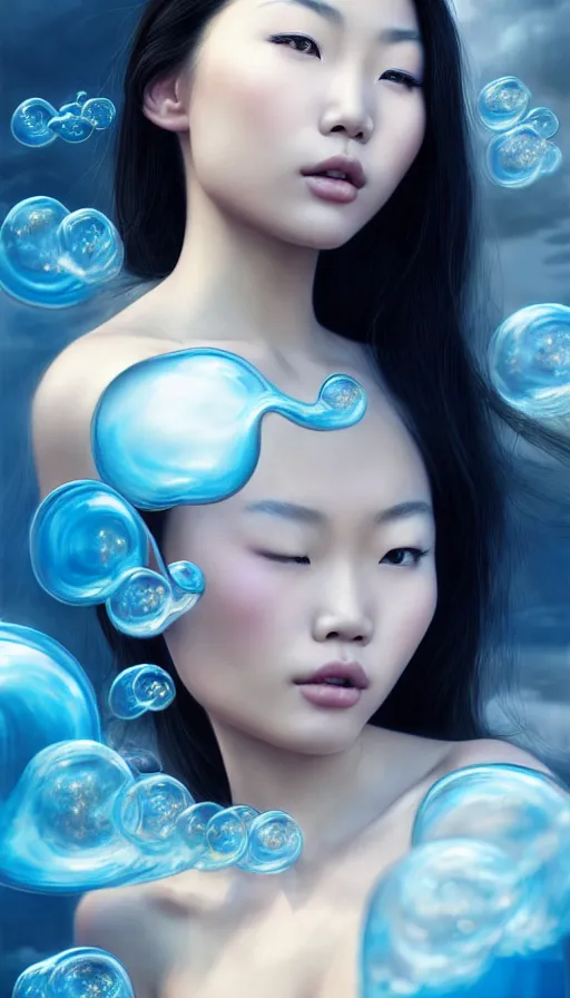 Image similar to photo of a gorgeous young asian girl , searching for eternity, cloud goddess, duality, far away dreams in bubbles in the style of stefan kostic, hyper realistic, sharp focus, 8k high definition, high fashion, vogue, insanely detailed, intricate, elegant, art by stanley lau and artgerm