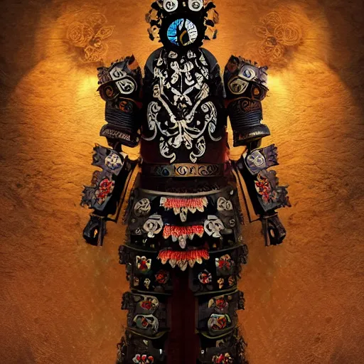 Image similar to a clockwork knoght wearing ornate wooden armor covered in flowers, brilliant colors, cinematic lighting