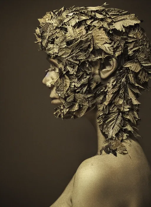 Prompt: a woman's face in profile, made of leaves skeleton, in the style of the Dutch masters and Gregory Crewdson, dark and moody