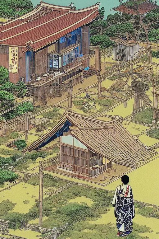 Image similar to beautiful illustration of a rural japanese home, by moebius, masamune shirow and katsuhiro otomo