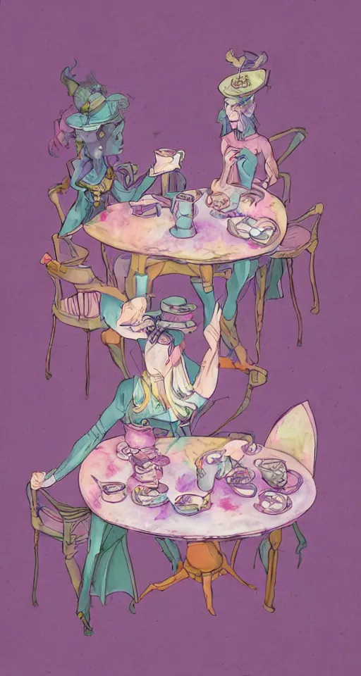 Image similar to soldier of chaos, mischief and beauty having tea alone at a table in a pastel fantasy land, surreal, glitched watercolor, chromatic abberation, trending on artstation, in the style of james jean feint, inspired by art nouveau
