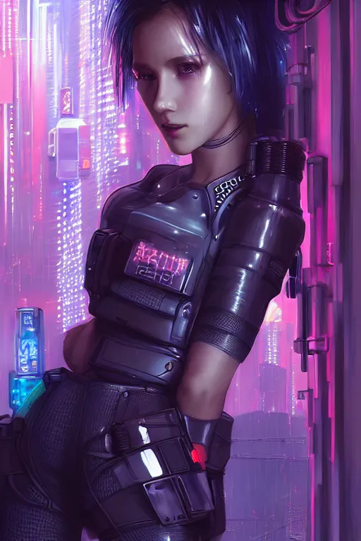 Image similar to portrait futuristic lovely cyberpunk female police, in heavy rainning futuristic tokyo rooftop cyberpunk night, ssci-fi, fantasy, intricate, very very beautiful, elegant, neon light, highly detailed, digital painting, artstation, concept art, soft light, hdri, smooth, sharp focus, illustration, art by tian zi and craig mullins and WLOP and alphonse mucha