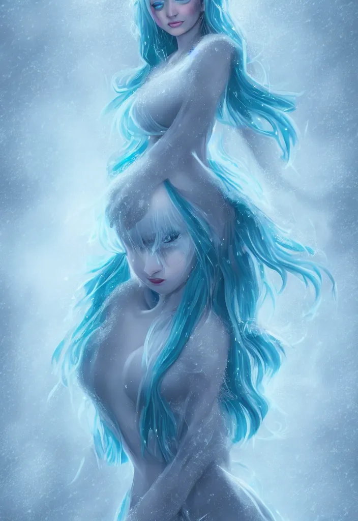 Image similar to full body portrait of a stunningly beautiful woman with pale blue hair wearing a dress made out of snowflake in the middle of a snowstorm. award - winning digital art, trending on artstation