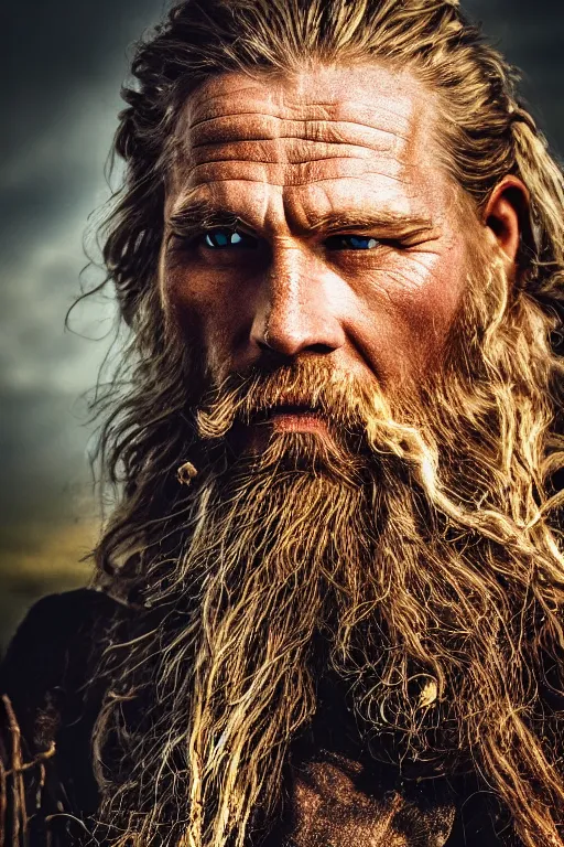 Image similar to realistic photograph of a rugged viking man in the middle of battle, highly detailed, cinematic, portrait, close - up,