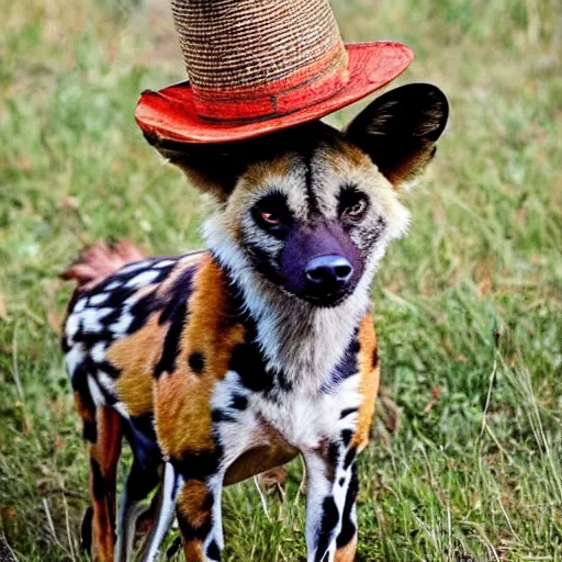 Prompt: A photo of the world's greatest sheriff: an african painted dog wearing a hat!