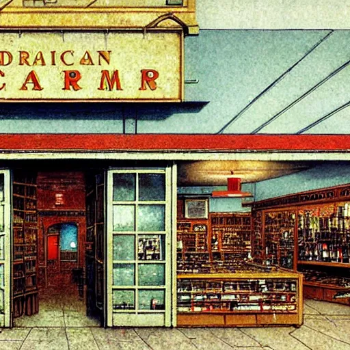 Prompt: American dreamscape liquor store gun shop church. Architectural art by Jean Leon Gerome, Norman Rockwell, Studio Ghibli