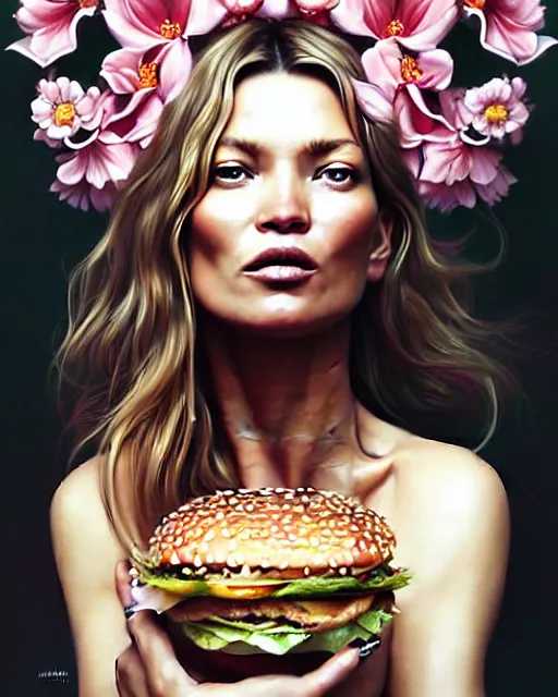 Prompt: Beautiful and playful portrait of kate moss eating a big mac, art nouveau, fantasy, intricate flower designs, elegant, highly detailed, sharp focus, art by Artgerm and Greg Rutkowski and WLOP