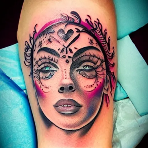 Prompt: tattoo on female face, epic, colorful, beautiful, intricate detail