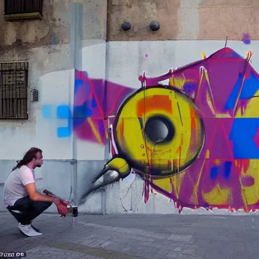 Prompt: « the king of spain spray painting graffiti in the street of barcelona »