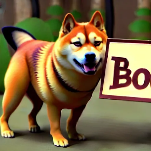 Image similar to weta disney pixar movie still photo of funny shiba inu with sign that says bonk : : by weta, greg rutkowski, wlop, ilya kuvshinov, rossdraws, artgerm, octane render, iridescent, bright morning, anime, liosh, mucha : :