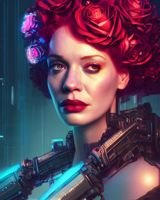 Prompt: portrait of christina hendricks as a cyberpunk cyborg. roses, sci - fi, intricate abstract upper body intricate artwork, by tooth wu, wlop, beeple, dan mumford. concept art, octane render, deviantart, greg rutkowski, cinematic arthouse, key art, hyper realism, iridescent accents