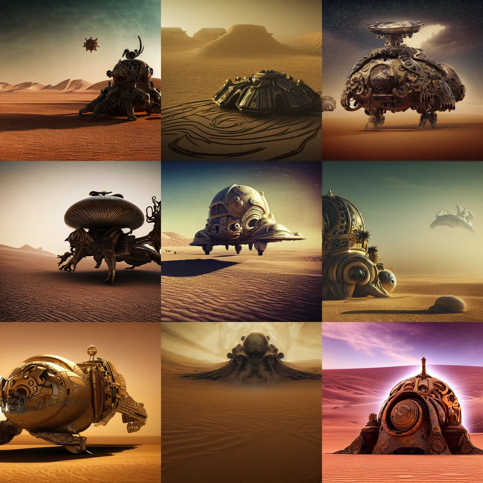 Prompt: Baroque style massive Spaceship landing on a dusty desert alien landscape, intricate detail, ultra realistic, cinematic lighting, moody, volumetric shadows, dust vortex, by Tiger, alphonse mucha, roger deakins blur bokeh defocus