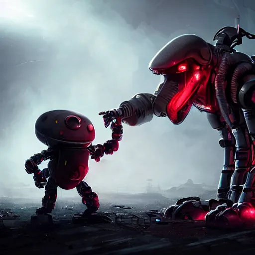 Image similar to post - apocalyptic, a very strong robot with red enerygies shaking the hand with a mighty alien creature that has multiple eyes. smoke. volumetric lighting, sharp focus, ultra detailed, cgsociety