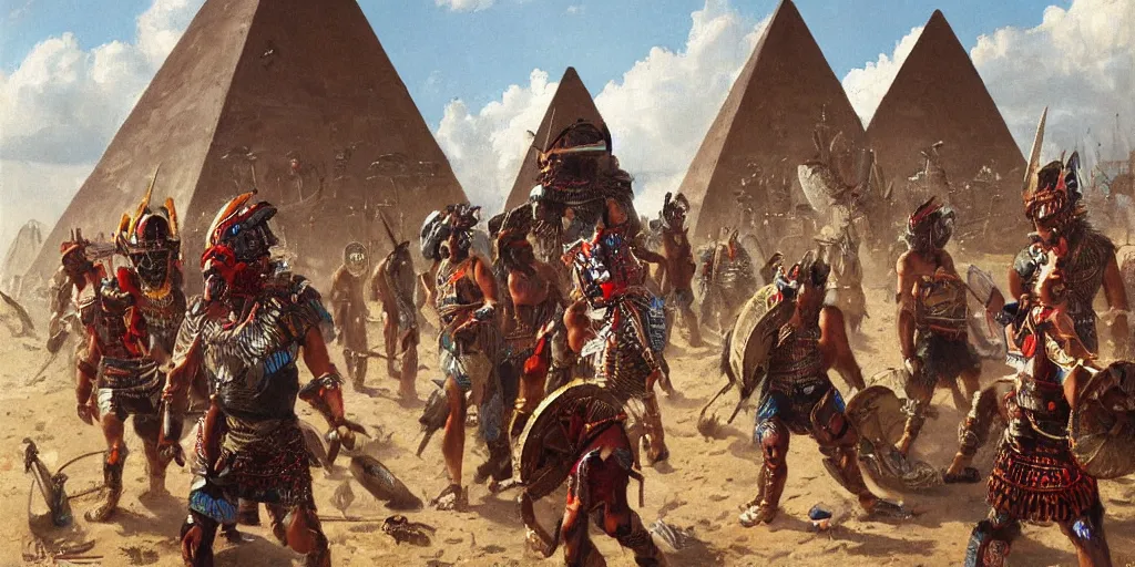 Image similar to simonetti rutkowski painting aztec warriors watching spaceship arriving to pyramid