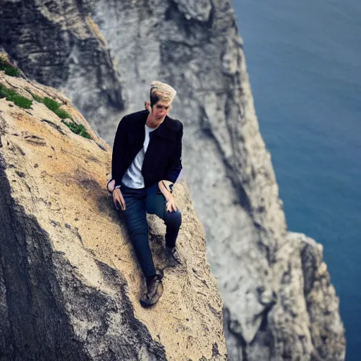 Image similar to A man wearing a black Jacket, white shirt, blue jeans and golden boots sits on a cliff holding an axe, XF IQ4, 150MP, 50mm, f/1.4, ISO 200, 1/160s, natural light, Adobe Photoshop, Adobe Lightroom, DxO Photolab, Corel PaintShop Pro, rule of thirds, symmetrical balance, depth layering, polarizing filter, Sense of Depth, AI enhanced