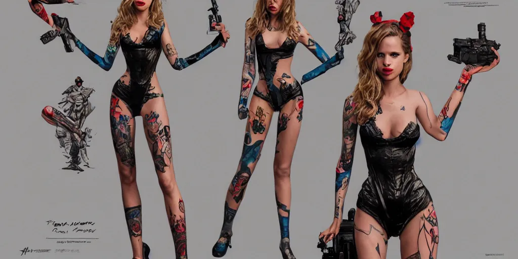 Image similar to halston sage as a tattooed pinup, character sheet, concept design, contrast, hot toys, kim jung gi, greg rutkowski, zabrocki, karlkka, jayison devadas, trending on artstation, 8 k, ultra wide angle, pincushion lens effect