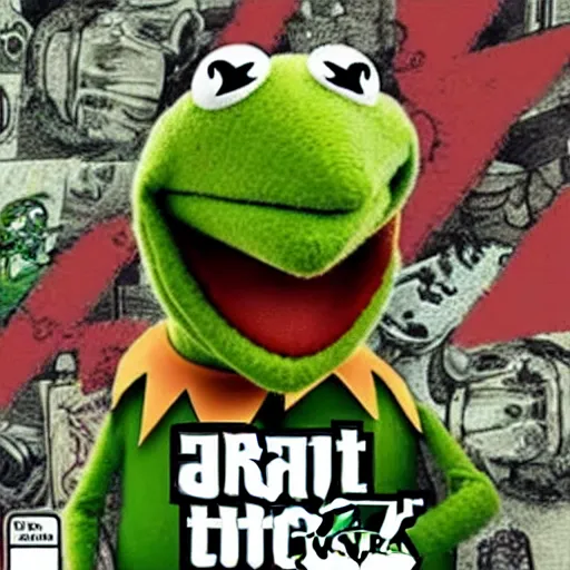 Prompt: Kermit The Frog on a GTA cover art