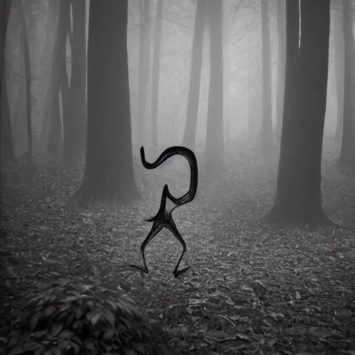 Image similar to disturbing creature with ghoulish face and long appendages, in a forest, black and white, realistic, with creepy fog