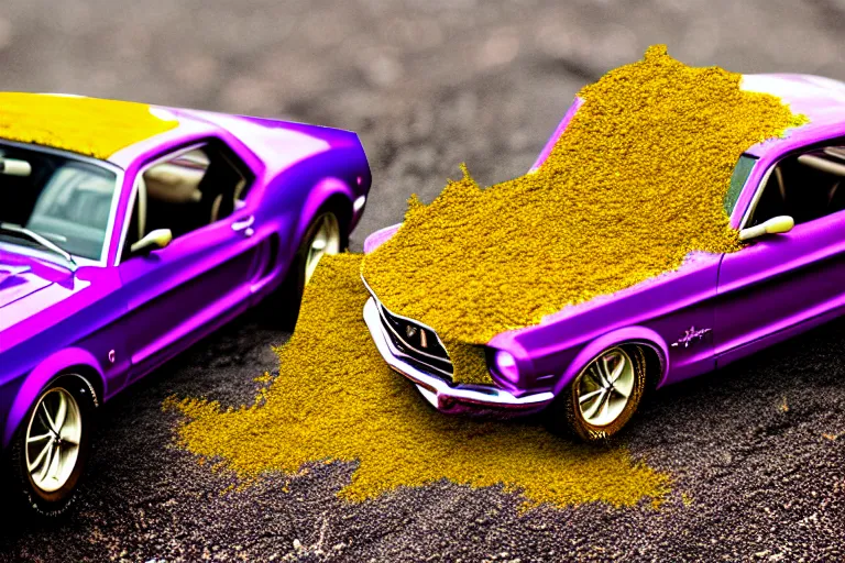 Image similar to purple mustang covered in mustard on a film strip road