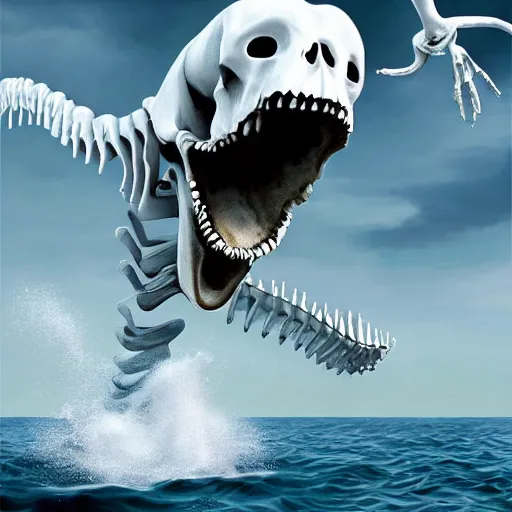 Image similar to a large white whale skeleton animal jumping out of the water, a digital rendering by maki haku, trending on deviantart, rayonism, hyper - realistic, photorealistic, hyper realism.