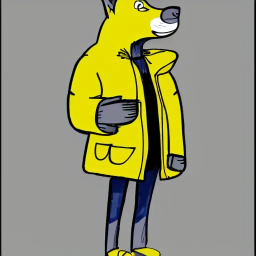 Image similar to cartoon sketch of a faceless wolf wearing a yellow raincoat