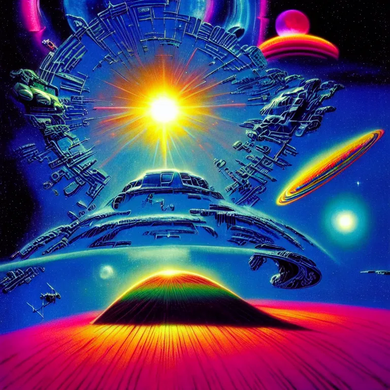 Image similar to mysterious edge of interstellar space, synthwave, bright neon colors, highly detailed, cinematic, tim white, philippe druillet, roger dean, ernst haeckel, lisa frank, vladimir kush, michael whelan, kubrick, kimura, isono