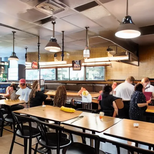 Image similar to busy wafflehouse interior with customers eating breakfast and wafflehouse employees serving food and cooking behind countertop that has food on it