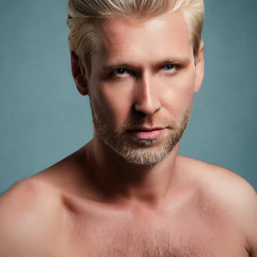 Image similar to close up of face of good looking 4 0 year old blond man with blond stubble, very short wavy blond hair in a short pompadour style, very pale skin, blue eyes, hairy shoulders, hairy chest, color portrait, 4 k