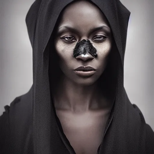 Prompt: a portrait of a young black woman wearing a long dark cloak, hood and shadows covering face, anatomically correct, beautiful perfect face, enigmatic, oil painting, matte painting, black background, Volumetric dynamic lighting, Highly Detailed, Cinematic Lighting, Unreal Engine, 8k, HD, by Beksinski