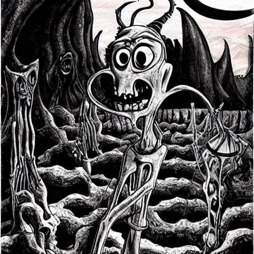 Image similar to return the slab from courage the cowardly dog, creepy, horror, scary, cartoon art, in the distance looking at camera, doom, ghost, dreadful,