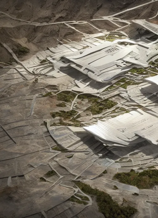 Image similar to techno cyber chuquicamata bioremediation white mining tailing, futuristic horizontal architecture, epic, cinematic, hyperealistic, high detailed, corona render, hdr, ray tracing