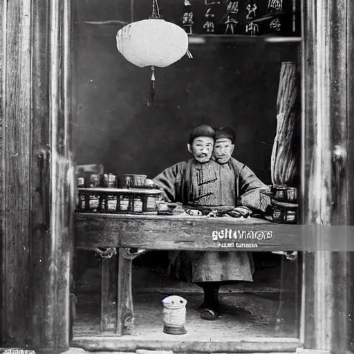 Prompt: Portrait of a 19th century Chinese man preparing a ginseng tea in an old traditional Chinese medicine store, 1900s photography