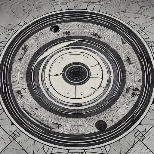 Prompt: art nouveau floor pattern, solar system, scifi inspired, foundation, thin lines, black and white by paul chadeisson, greg rutkowski