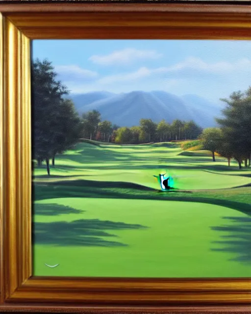 Prompt: oil painting of golf course, flag, oil painting,