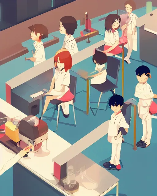 Image similar to children in science lab experiment test tube microscope. clean cel shaded vector art. minimalist illustration art by lois van baarle, artgerm, helen huang by makoto shinkai and ilya kuvshinov, rossdraws