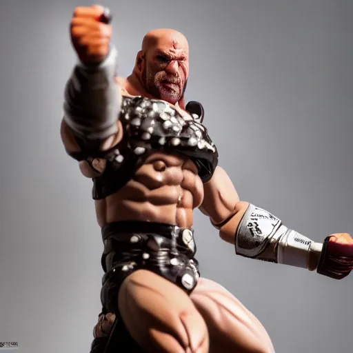 Image similar to Full body shot of a highly detailed flexible Triple H vinyl plastic figurine as a villain, highly detailed face, white background, 3d, high quality, depth of field, high contrast, 8k, concept art, smooth, sharp focus, highly detailed, wrestling, WWE