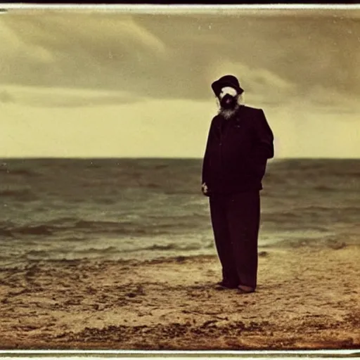 Image similar to an old photograph of Fidel Castro smoking a cigar and walking in the beach. There is a storm in the background. 1850s color photography. Award winning.