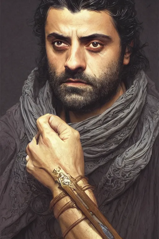 Image similar to Oscar Isaac, druid, cleric, flame spell, D&D, fantasy, intricate, cinematic lighting, highly detailed, beautiful, digital painting, artstation, masterpiece, concept art, smooth, sharp focus, illustration, art by Artgerm and Greg Rutkowski and Alphonse Mucha and william-Adolphe Bouguereau