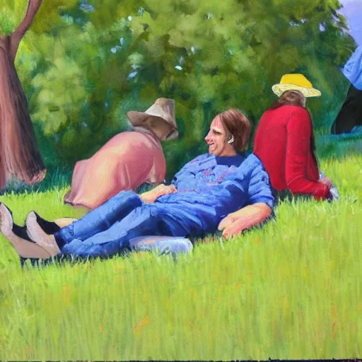 Prompt: people resting on the grass, painting by jennifer pochinski