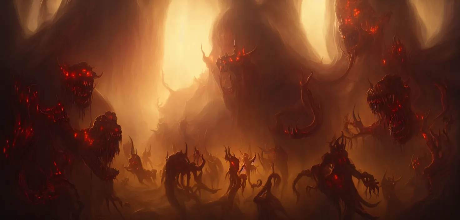 Image similar to oil matte painting, closeup portrait of scary creepy devils dancing in hell beautiful cinematic light deep focus, elegant, digital painting, smooth, sharp focus, golden ratio, dramatic illumination, ultra realistic, 8 k, art by greg rutkowski wlop rossdraws