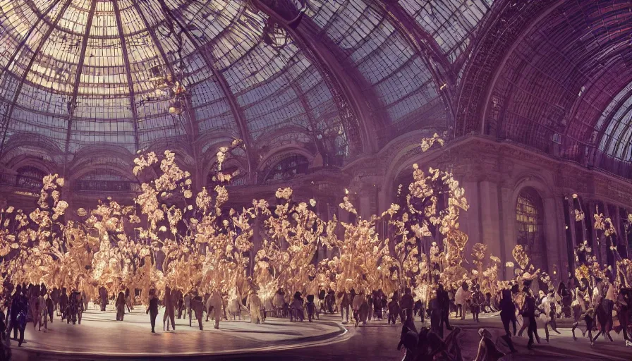 Image similar to victoria secret parade in the galeries nationales du grand palais in paris, light, shadows, reflections, flowers, epic composition, intricate, elegant, volumetric lighting, 4 k resolution, octane render, unreal engine, ultradetailed, photorealistic, ultrarealism, trending on artstationconcept art, ruan jia & steve mccurry & peter mohrbacher