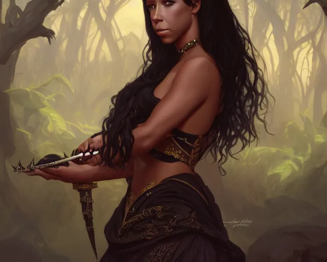 Image similar to photography of young black jennifer love hewitt, dark skin, deep focus, d & d, fantasy, intricate, elegant, highly detailed, digital painting, artstation, concept art, matte, sharp focus, illustration, hearthstone, art by artgerm and greg rutkowski and alphonse mucha