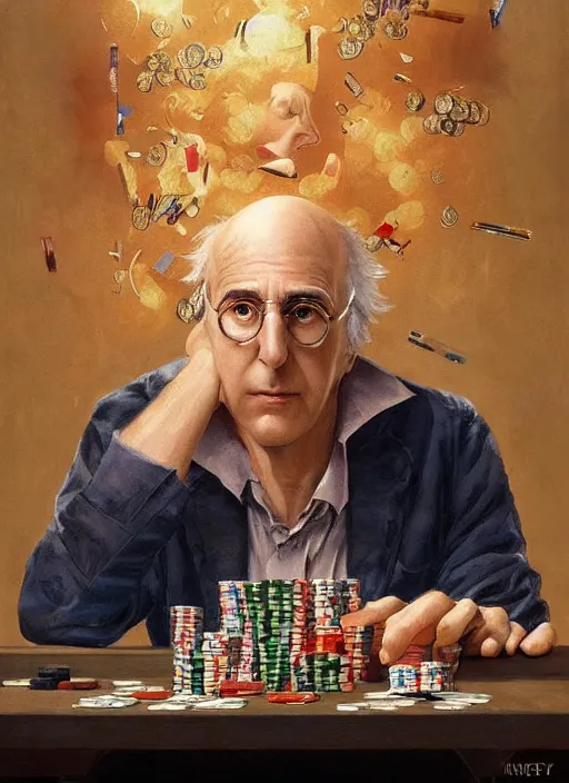 Prompt: beautiful fantasy painting of larry david playing poker, by Kenne Gregoire, James Jean, Tran Nguyen, WLOP, Jakub Rebelka. trending on Artstation, 8k, masterpiece, face enhance, graffiti paint, fine detail, full of color, intricate detail, golden ratio illustration