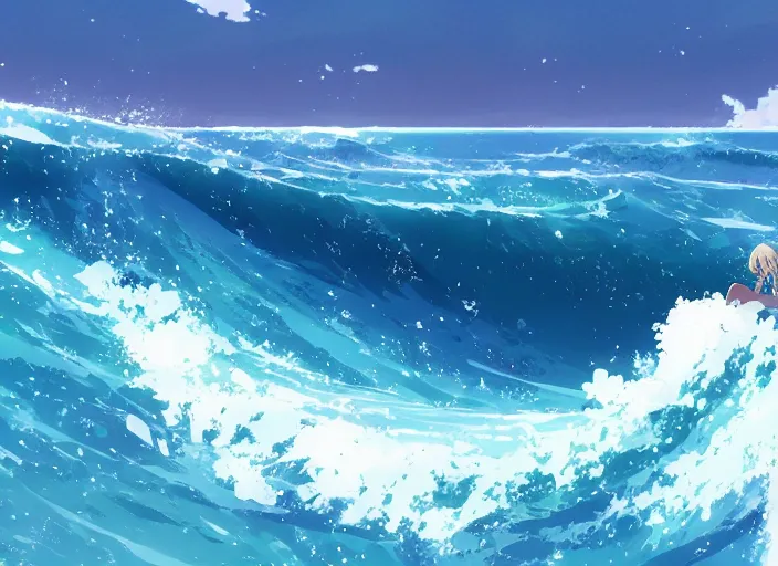 Prompt: a girl surfing a big wave, slice of life anime, anime scenery by Makoto Shinkai