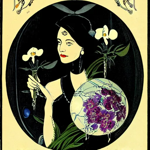 Image similar to a royal portrait of a cyborg woman. she holds a globe in one hand and flowers in the other. illustrated by burton rice. black orchids. 1 9 1 2.