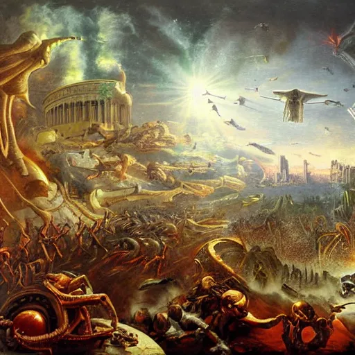 Image similar to alien invasion, fall of rome, epic painting